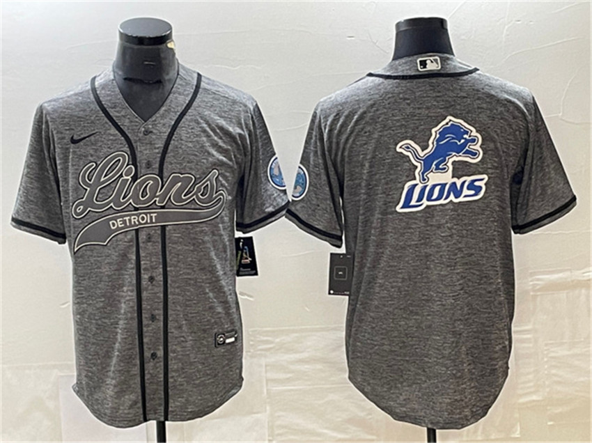 Men's Grey Detroit Lions Team Big Logo Cool Base Stitched Baseball Jersey